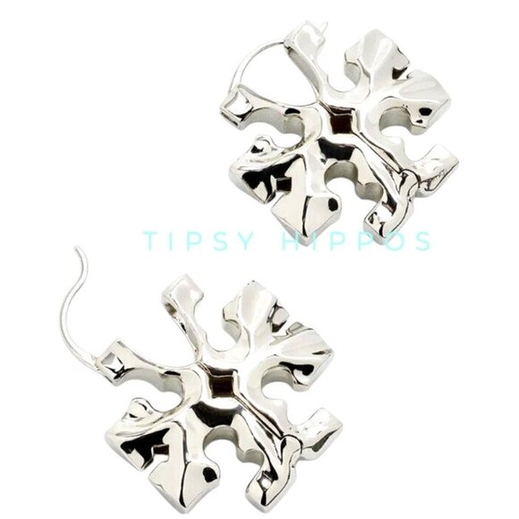 TORY BURCH SILVER ROXANNE HIDDEN LOGO HOOP EARRINGS - Picture 3 of 6